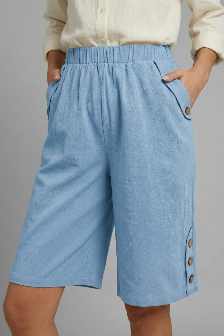 Hailey | Women’s Elastic Waist Wide Leg Button Shorts Image