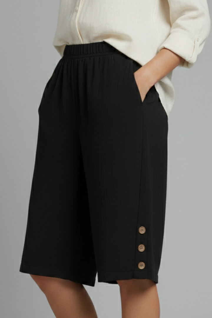 Hailey | Women’s Elastic Waist Wide Leg Button Shorts Image