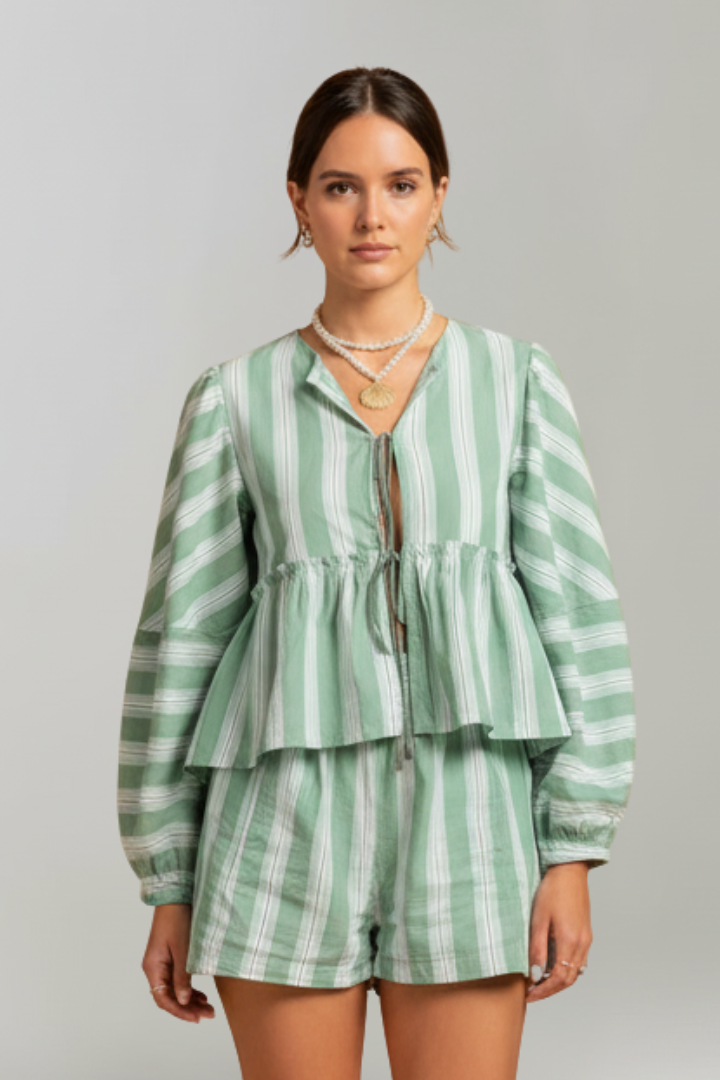 Elizabeth | Women’s Striped Long Sleeve Shorts Set Image