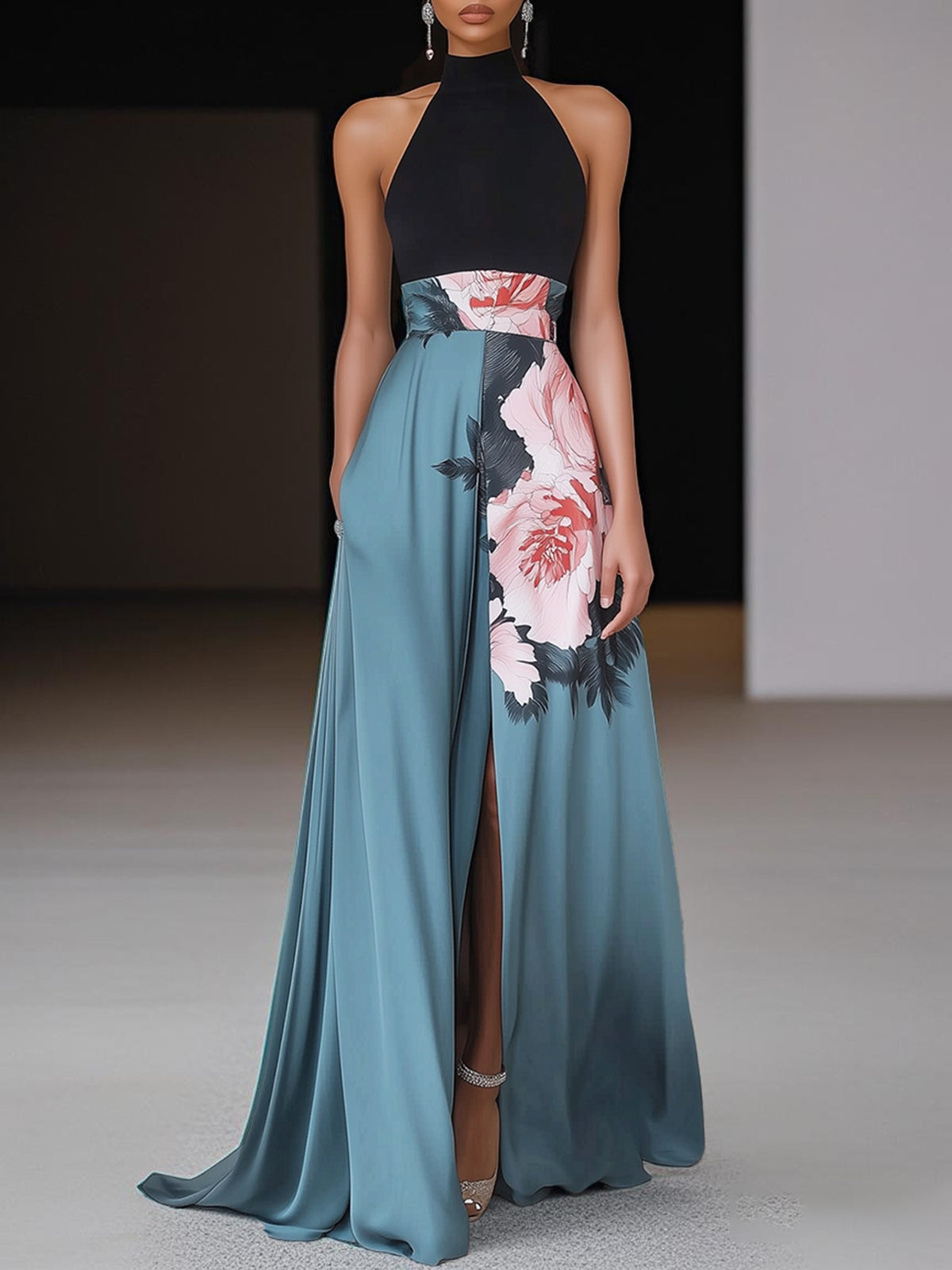 Dakota | Women’s Chic Slit Floral Classic Crew Neck Sleeveless A-Line Maxi Dress Image