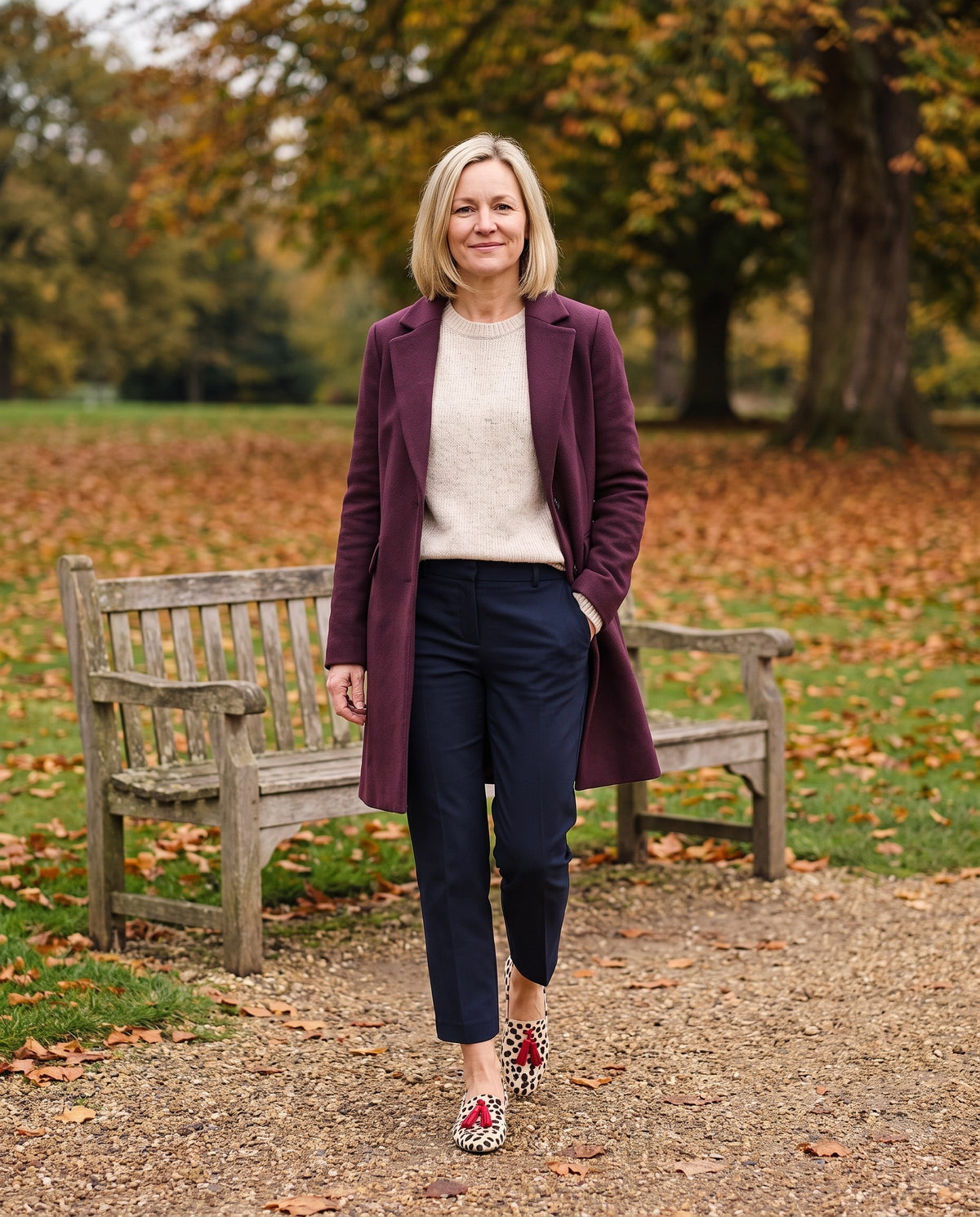 Woman wearing the orthopaedic slip-on tassel loafers in an English park in autumn
