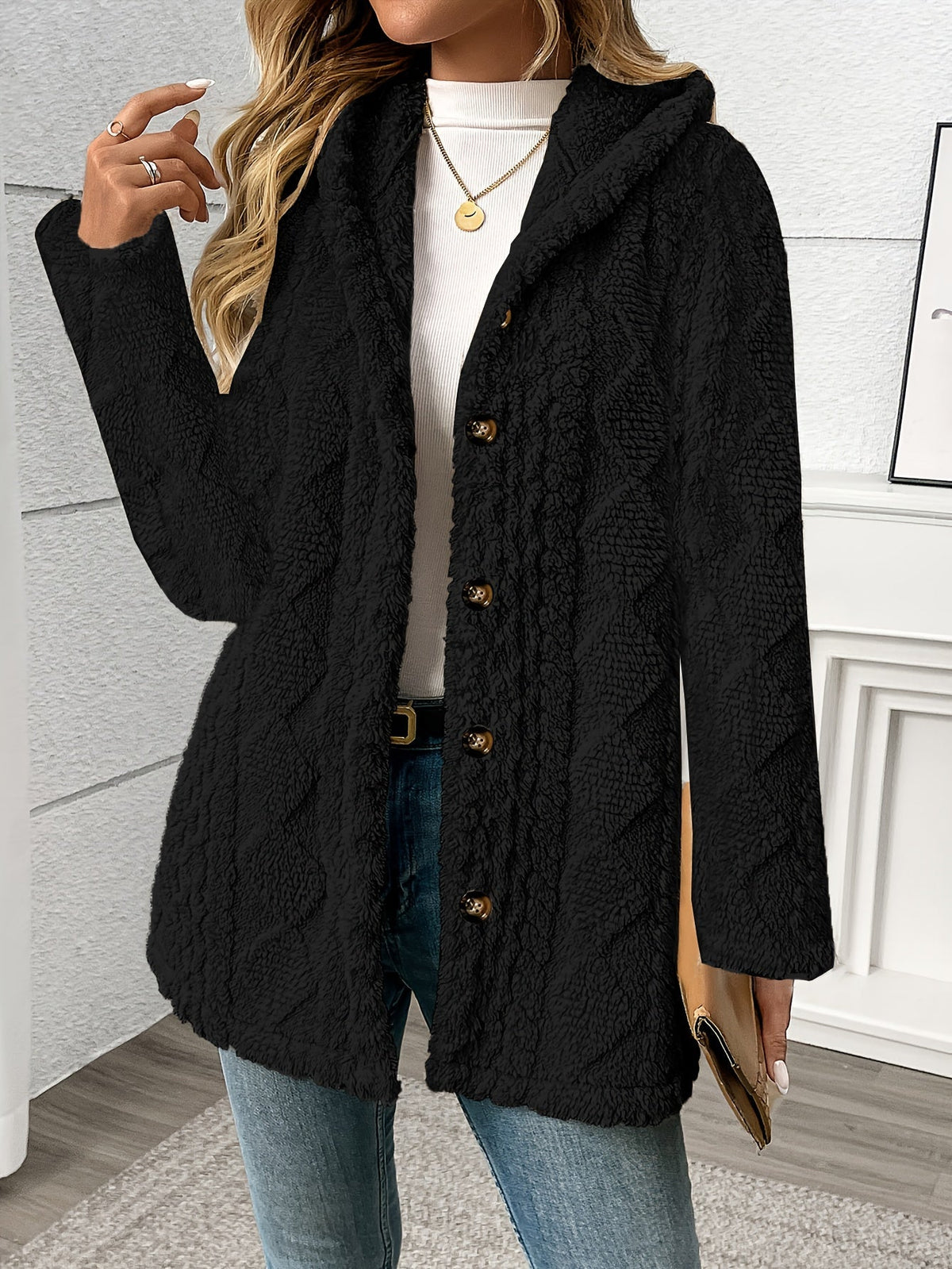 Women's Textured Button-Front Coat Relaxed Fit Image