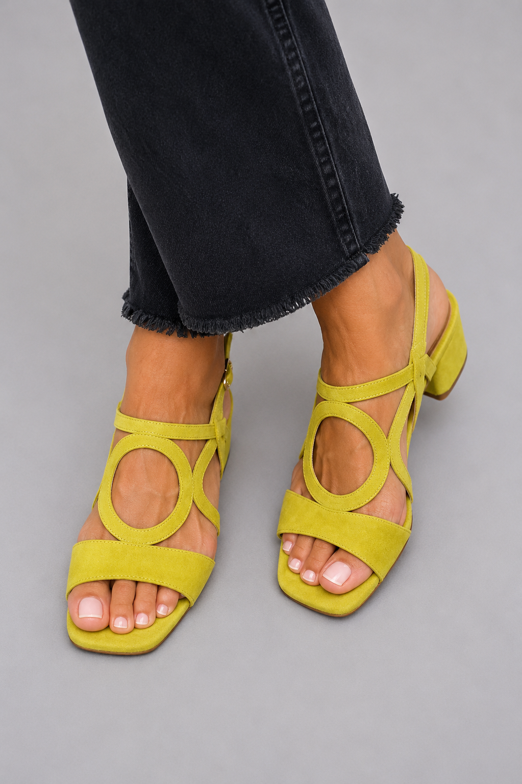 Block Heel Sandals with Circle Cut-Out Straps