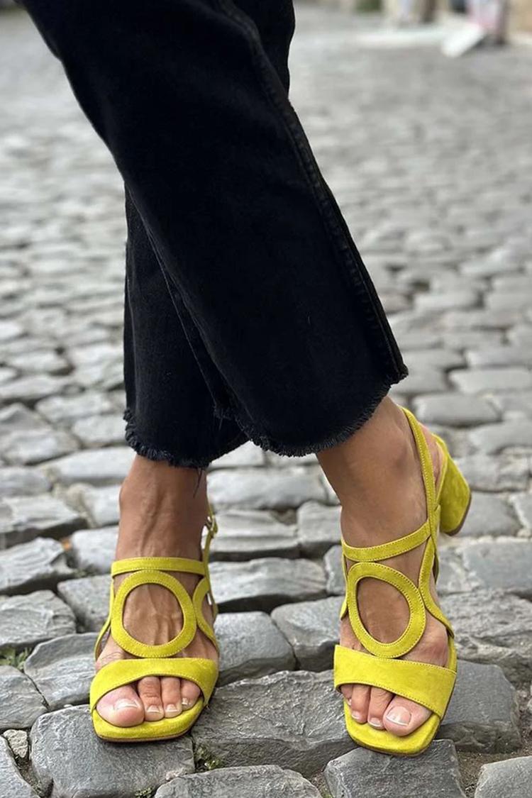 Block Heel Sandals with Circle Cut-Out Straps, Yellow