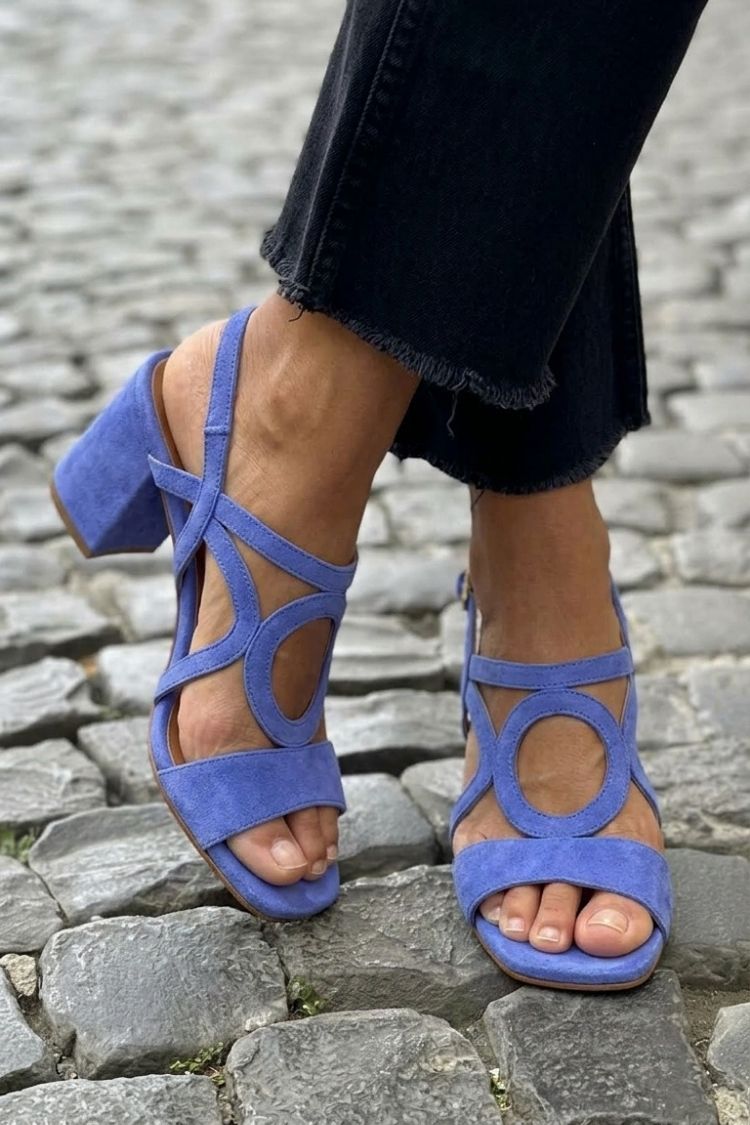 Block Heel Sandals with Circle Cut-Out Straps, Hazy Blue
