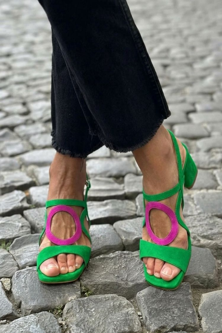 Block Heel Sandals with Circle Cut-Out Straps, Light Green & Pink