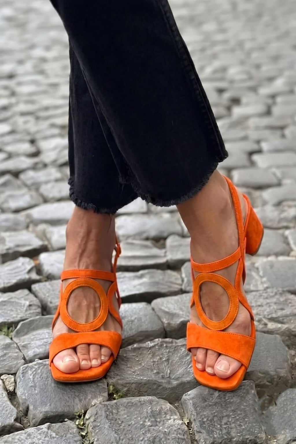 Block Heel Sandals with Circle Cut-Out Straps, Orange