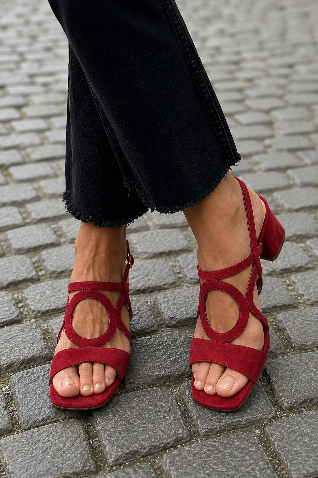 Block Heel Sandals with Circle Cut-Out Straps, Red Image