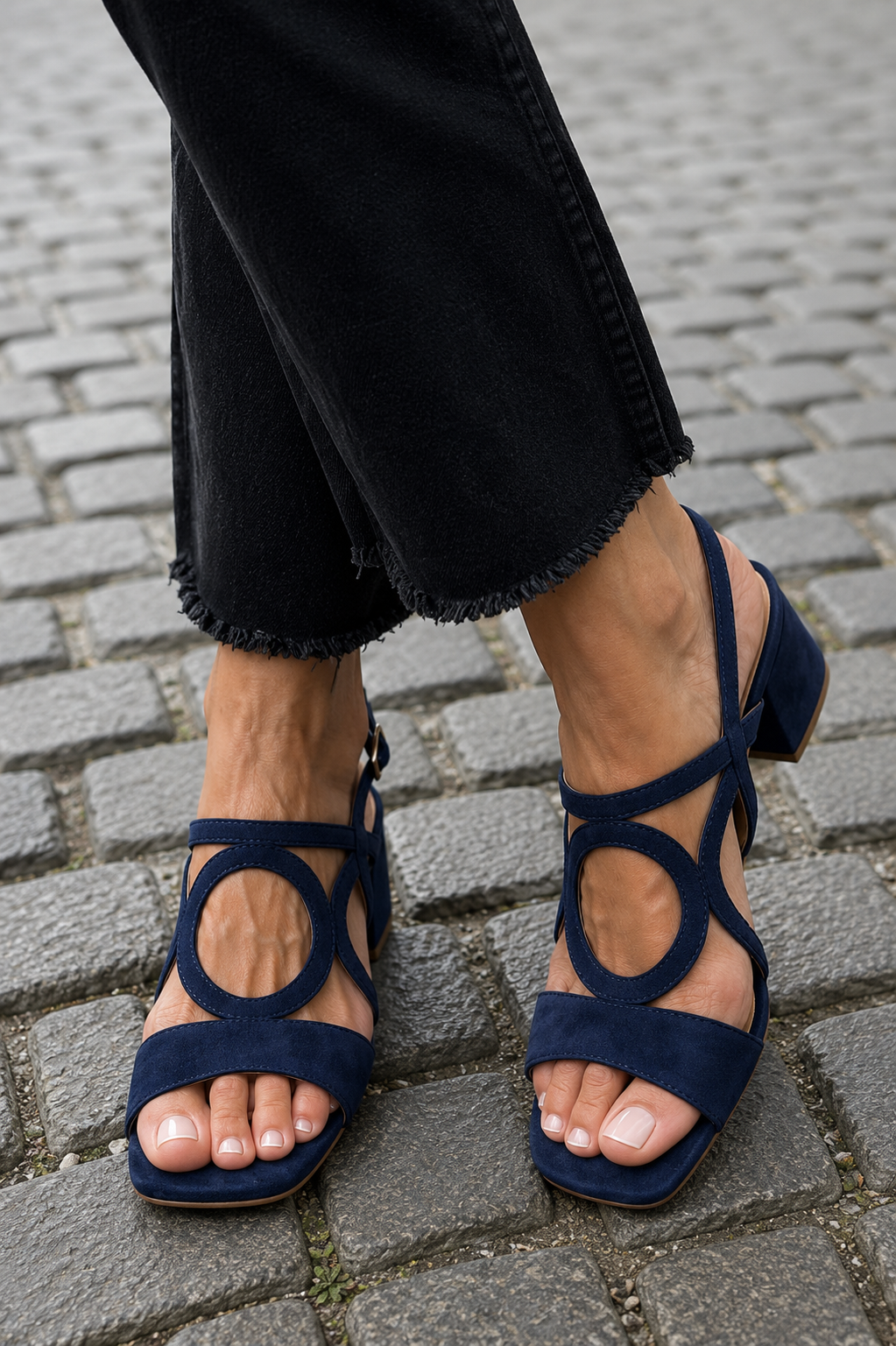 Block Heel Sandals with Circle Cut-Out Straps, Navy Blue