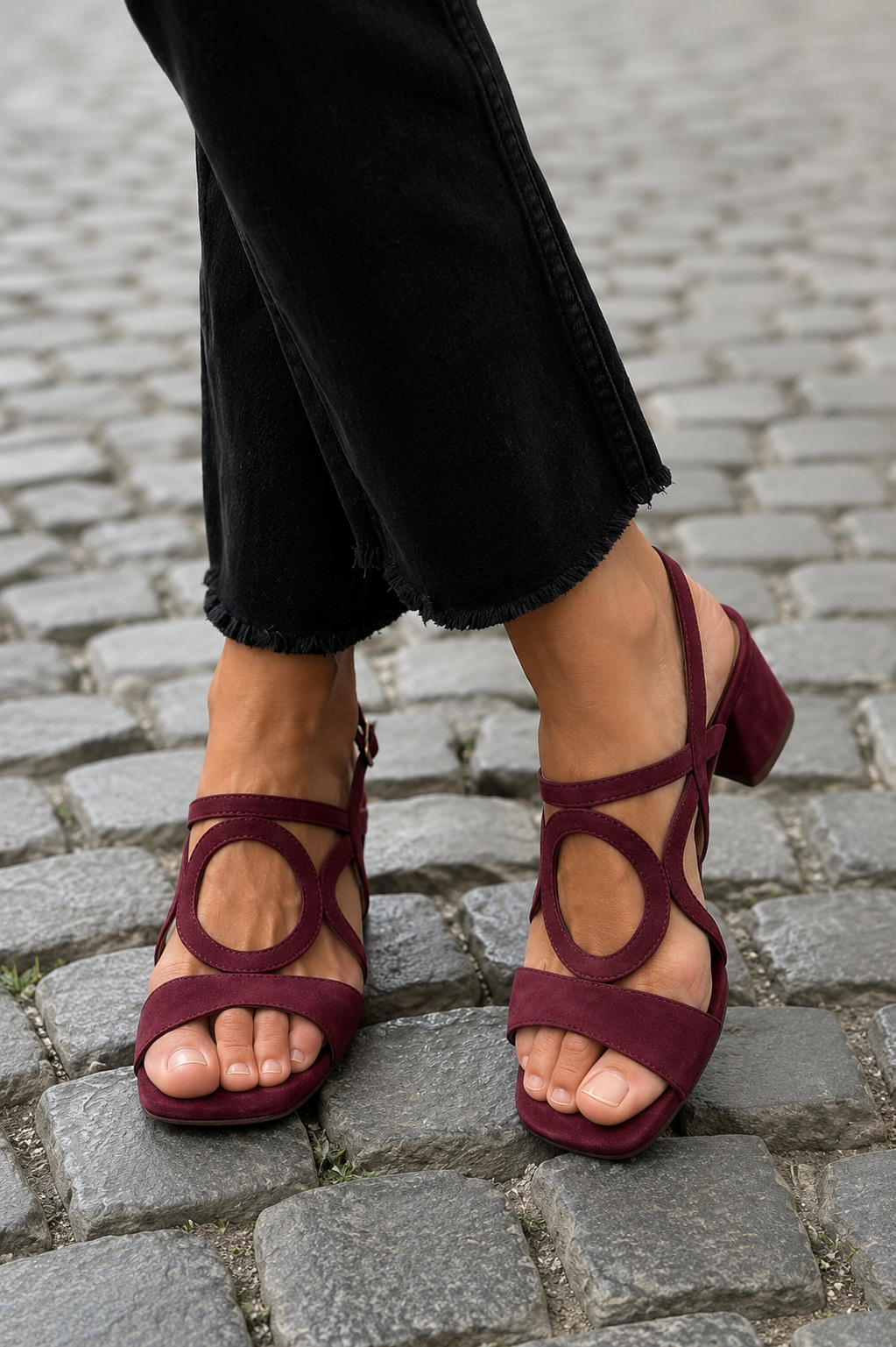 Block Heel Sandals with Circle Cut-Out Straps, Wine Red