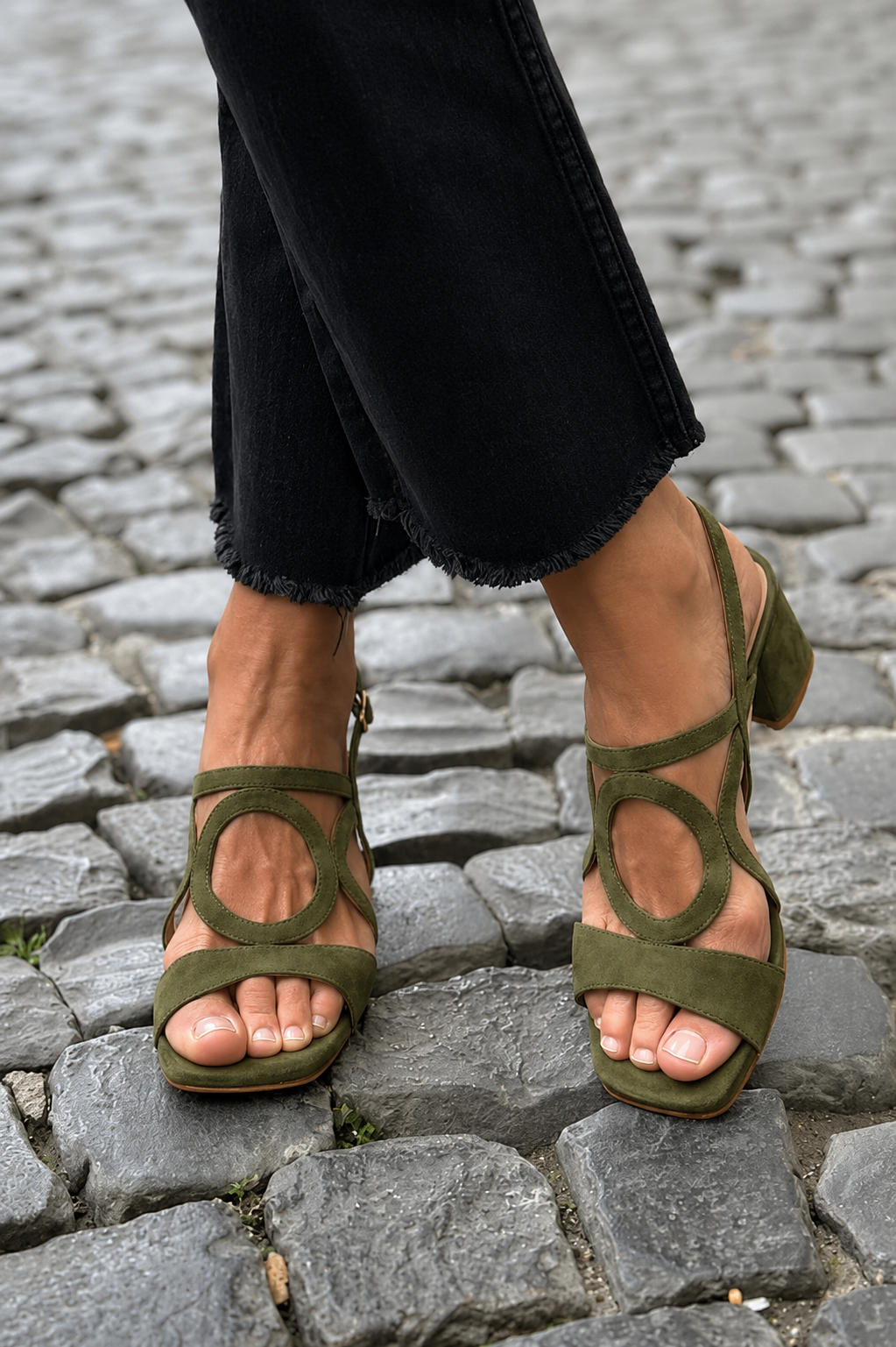 Block Heel Sandals with Circle Cut-Out Straps, Olive Green