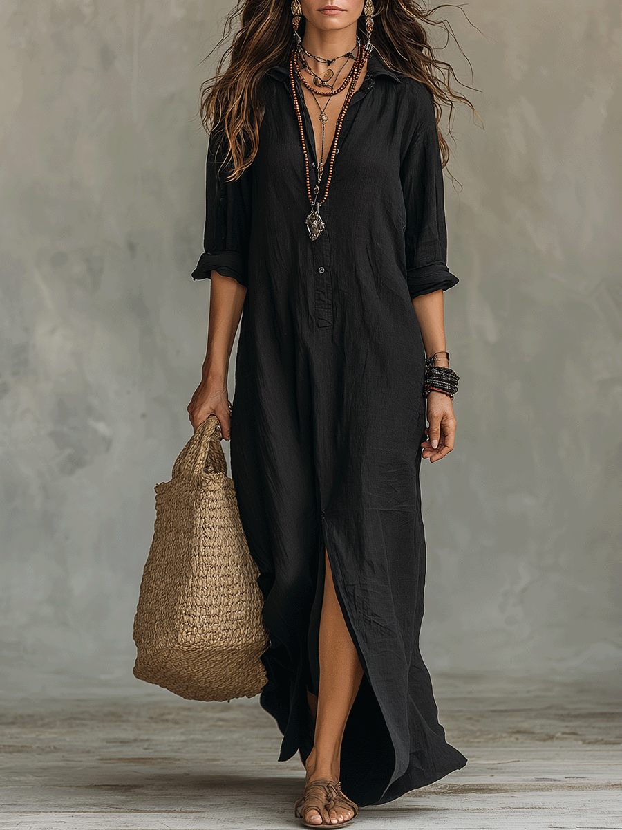 Boho Maxi Shirt Dress with Roll-Up Sleeves, Black