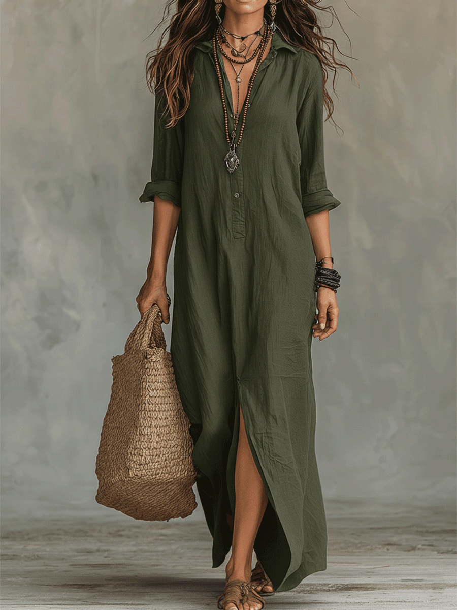 Boho Maxi Shirt Dress with Roll-Up Sleeves, Green