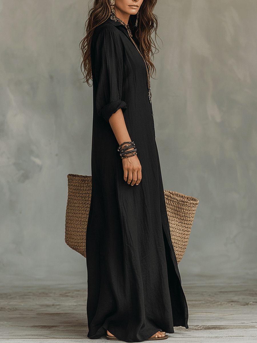 Boho Maxi Shirt Dress with Roll-Up Sleeves