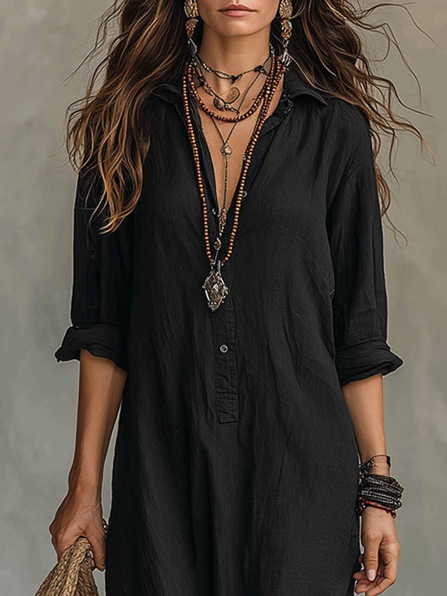 Boho Maxi Shirt Dress with Roll-Up Sleeves