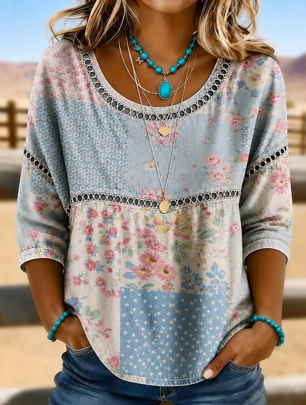 Boho Print Top with Openwork Trim, Round Neck, Blue