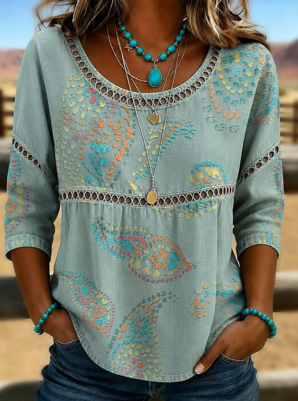 Boho Print Top with Openwork Trim, Round Neck, Green