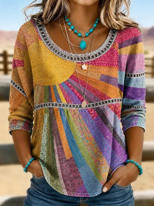 Boho Print Top with Openwork Trim, Round Neck, Multicolour