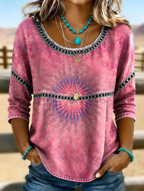 Boho Print Top with Openwork Trim, Round Neck, Pink Image