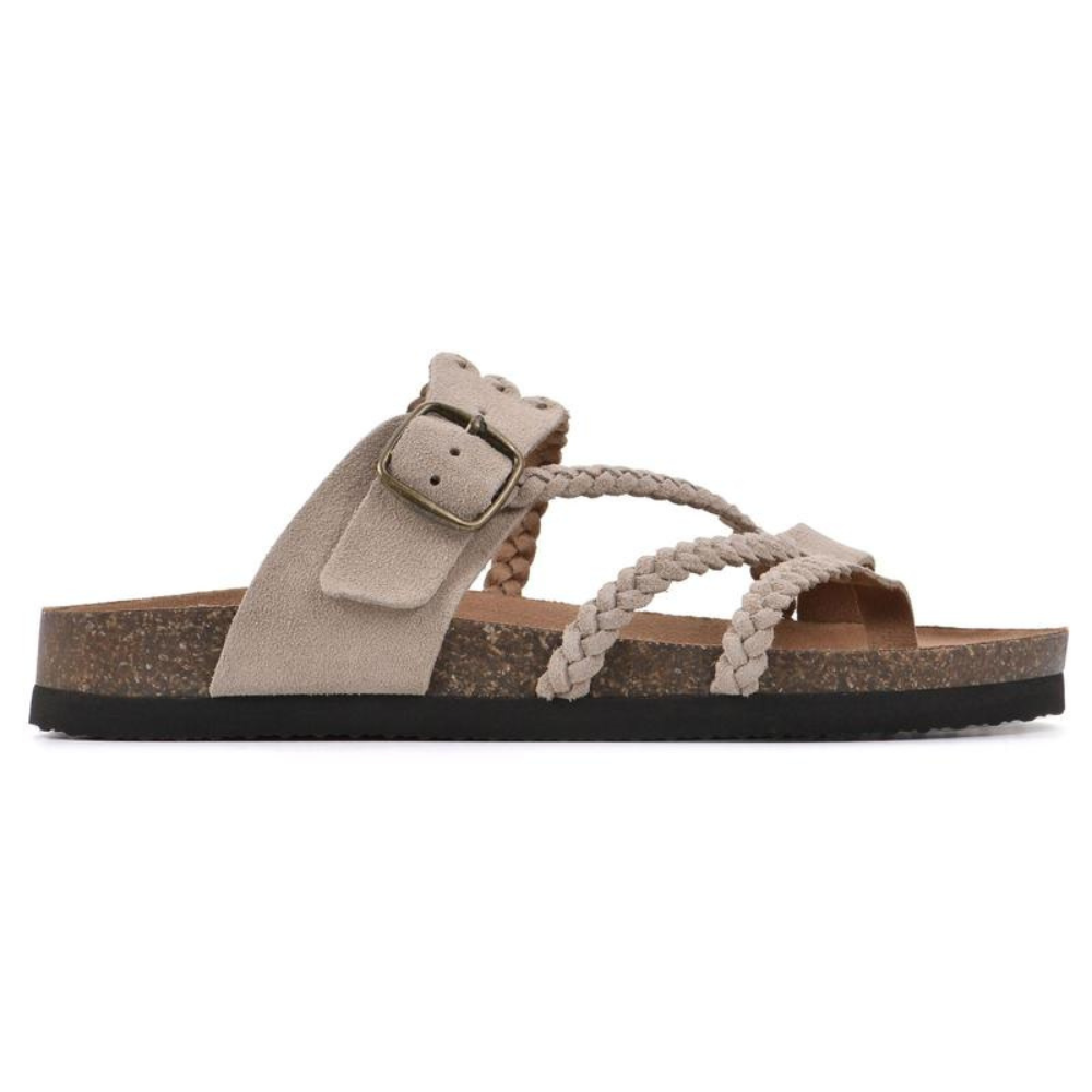 Braided Strap Footbed Sandals with Toe Loop, Beige