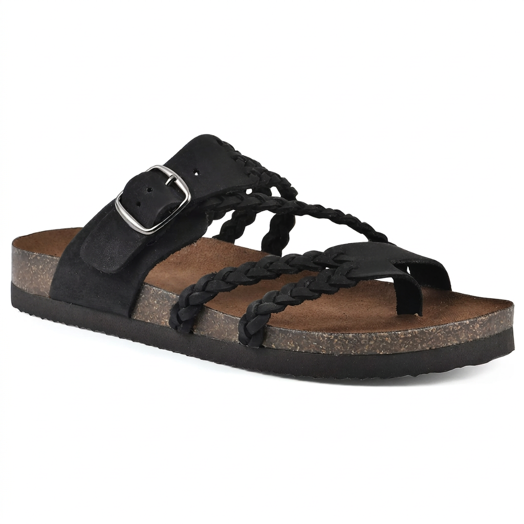 Braided Strap Footbed Sandals with Toe Loop, Black