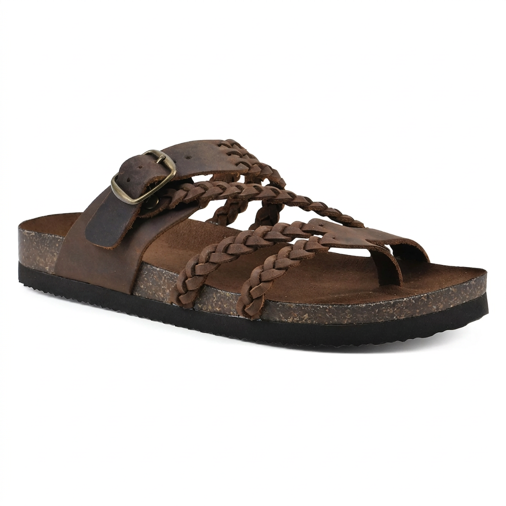 Braided Strap Footbed Sandals with Toe Loop, Brown Image