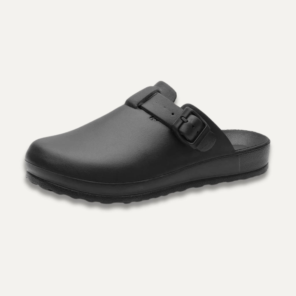 Buckle Strap Clogs, Open Back with Wide Toe Box, Black