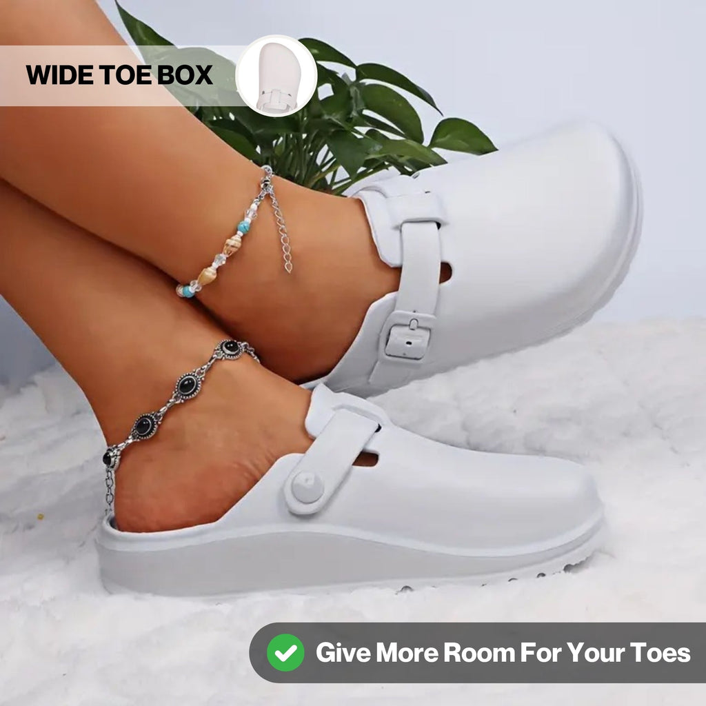 Buckle Strap Clogs, Open Back with Wide Toe Box