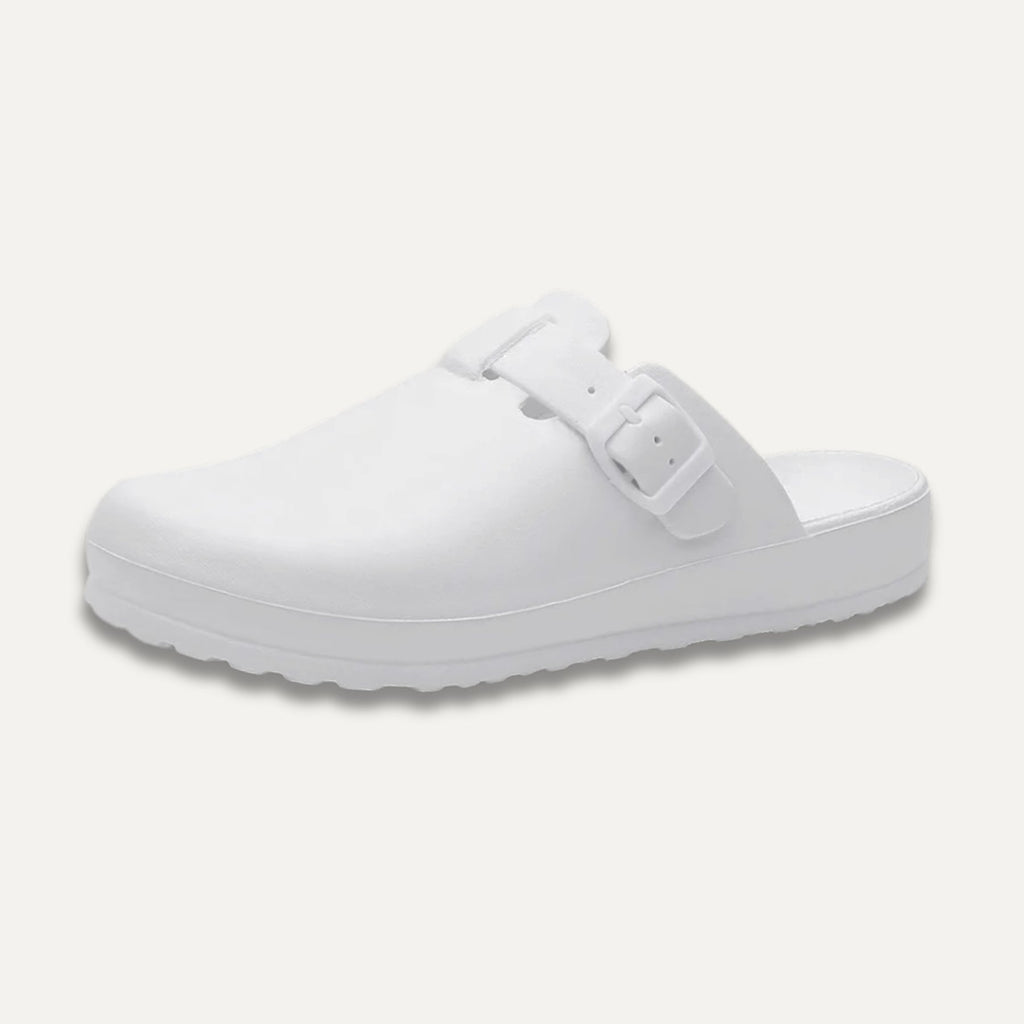 Buckle Strap Clogs, Open Back with Wide Toe Box, White