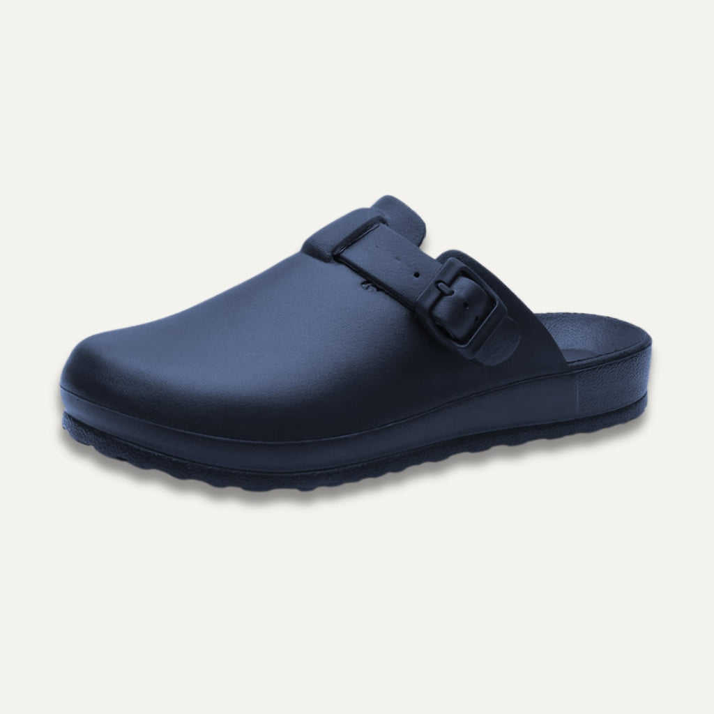 Buckle Strap Clogs, Open Back with Wide Toe Box, Navy Blue