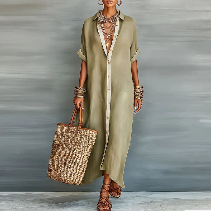 Button Down Maxi Shirt Dress with Contrast Placket, Khaki