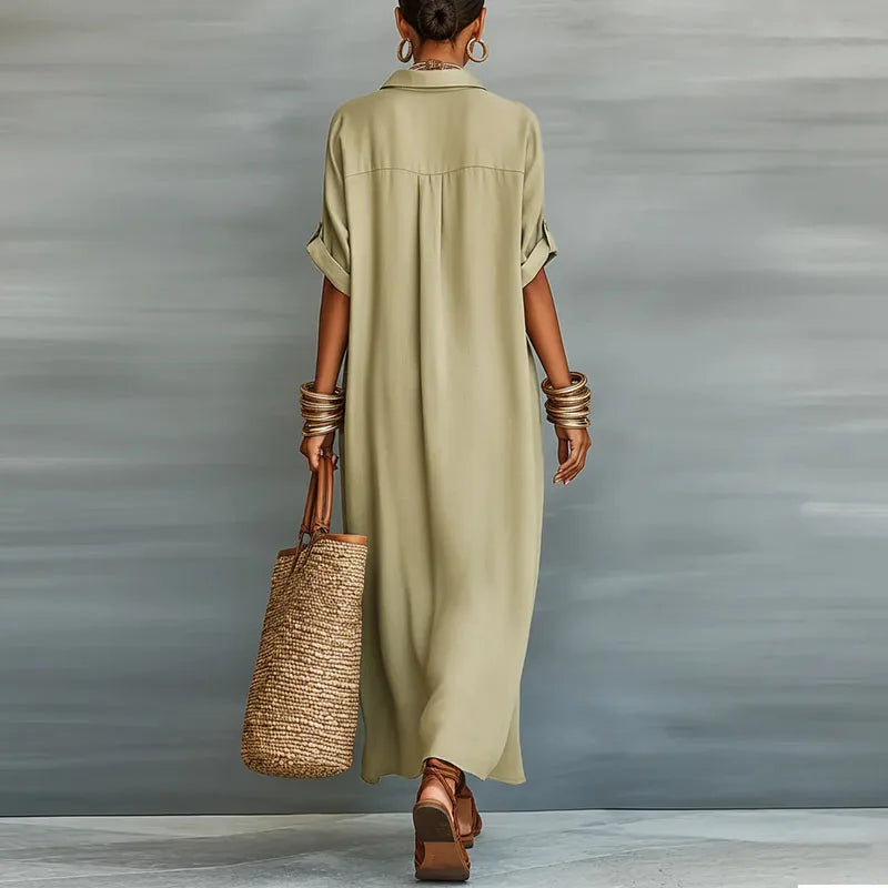 Button Down Maxi Shirt Dress with Contrast Placket