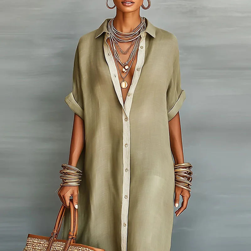 Button Down Maxi Shirt Dress with Contrast Placket