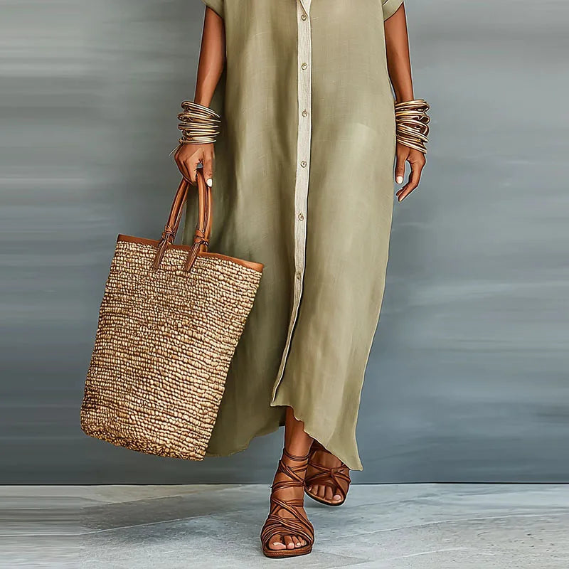 Button Down Maxi Shirt Dress with Contrast Placket