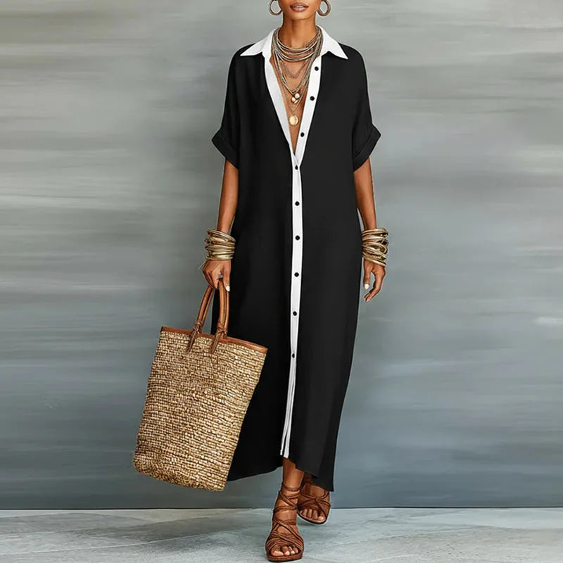 Button Down Maxi Shirt Dress with Contrast Placket, Black