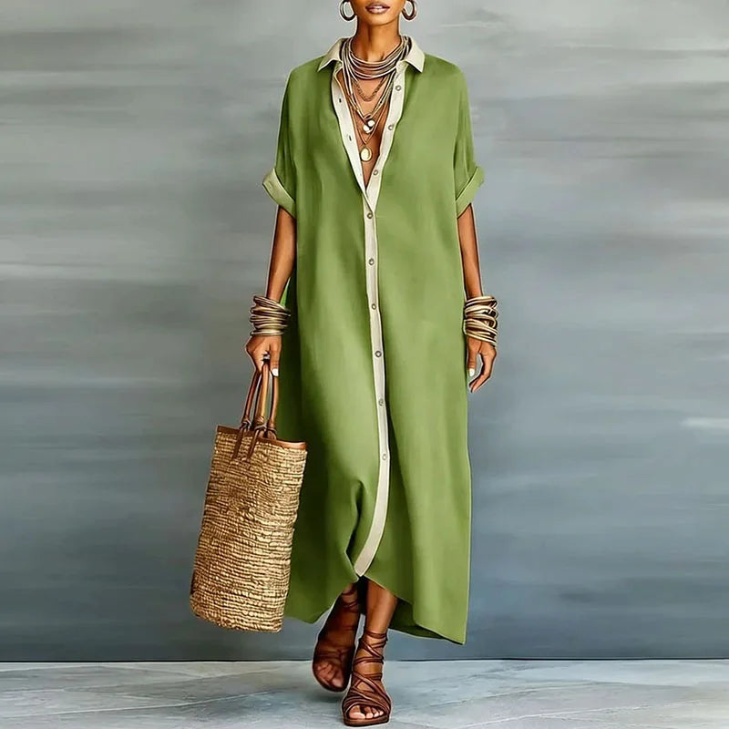 Button Down Maxi Shirt Dress with Contrast Placket, Green Image