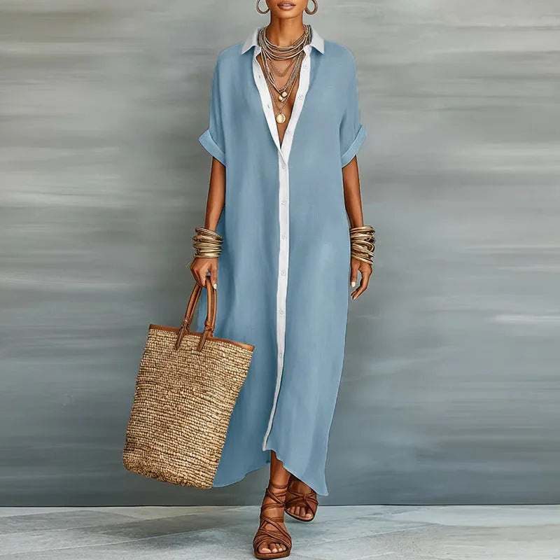 Button Down Maxi Shirt Dress with Contrast Placket, Light Blue
