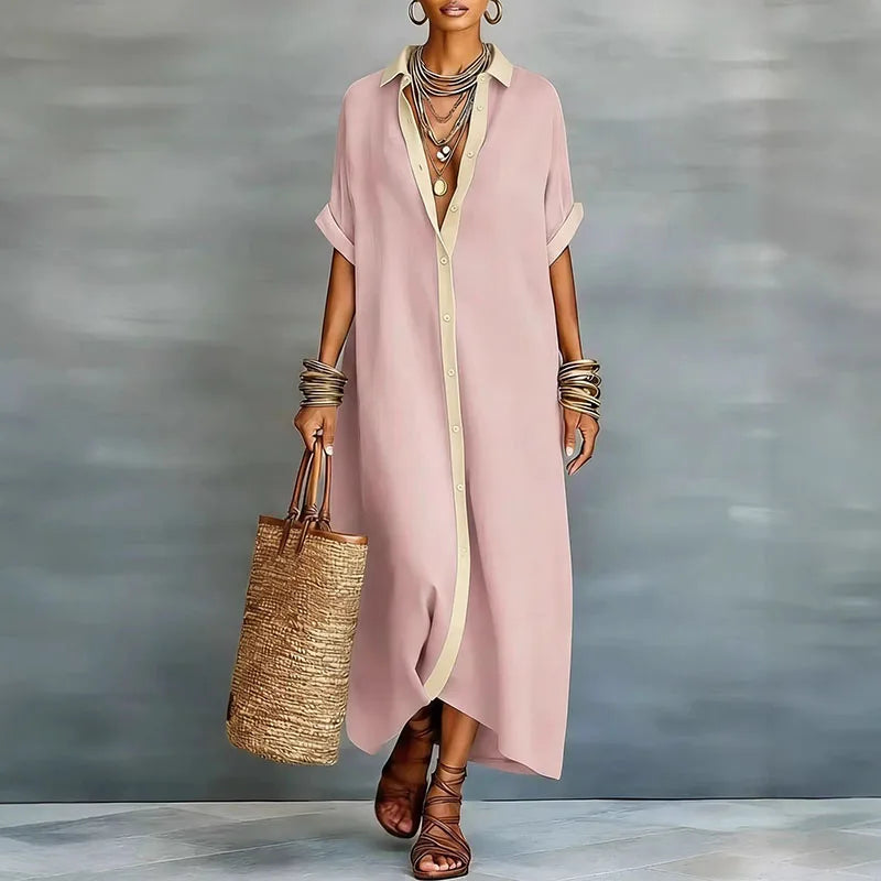 Button Down Maxi Shirt Dress with Contrast Placket, Pink