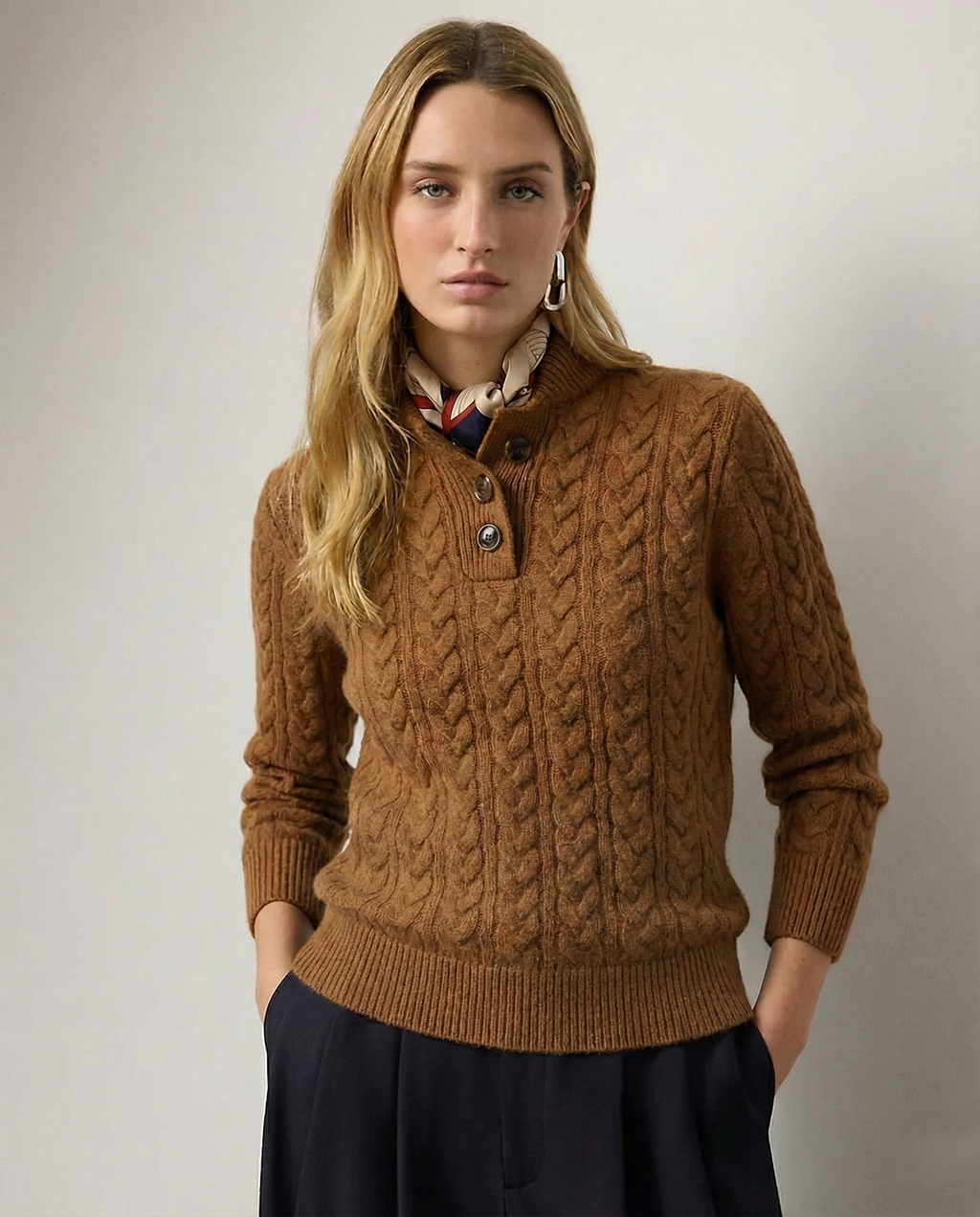 Cable-Knit Jumper with Button Stand Collar