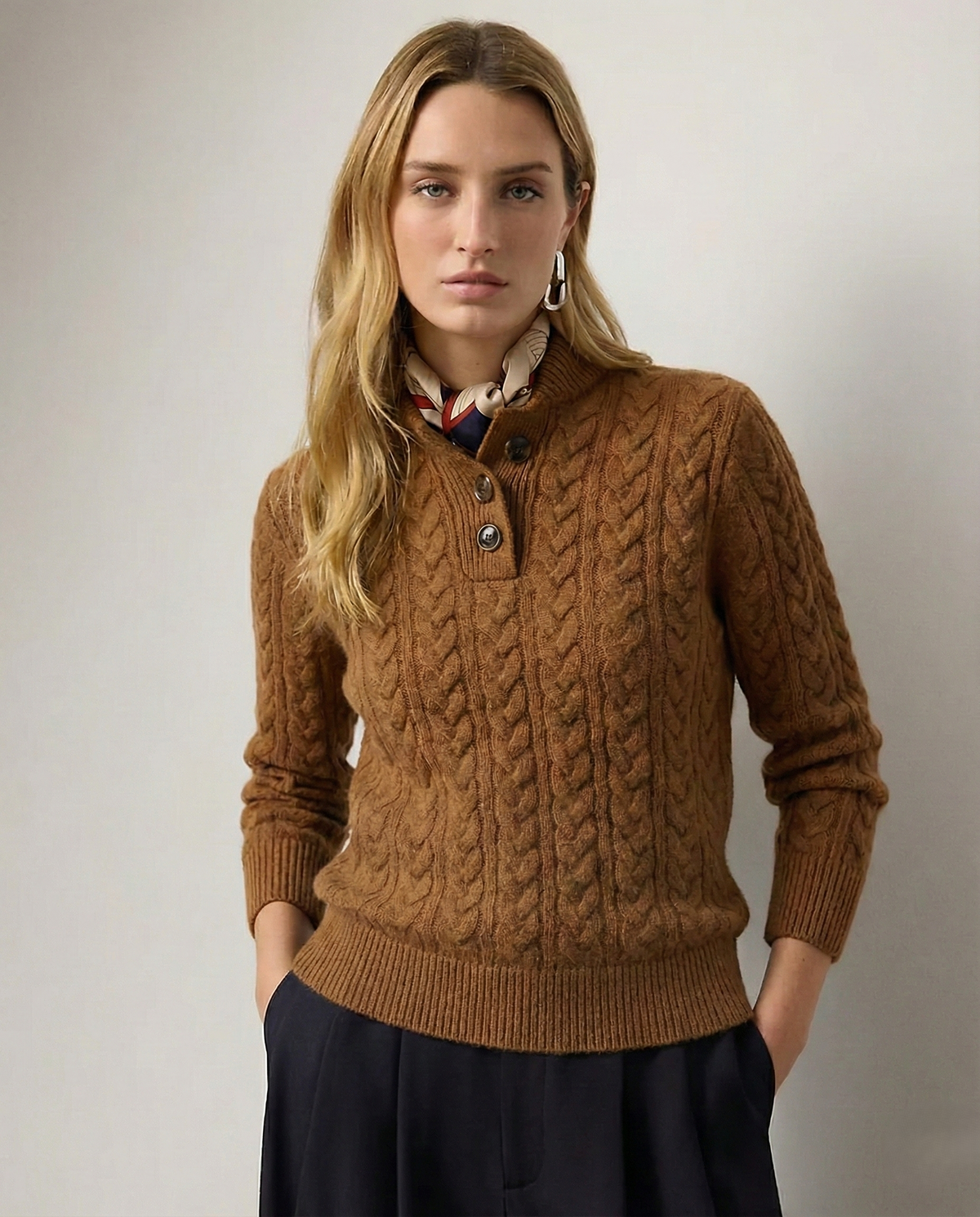 Cable-Knit Jumper with Button Stand Collar