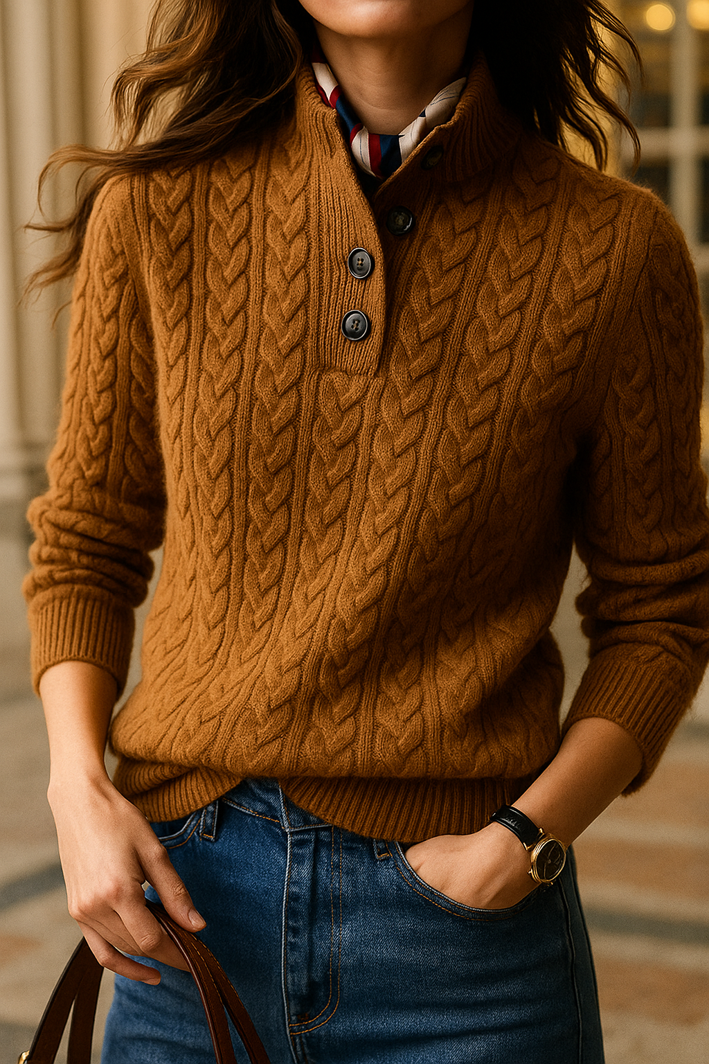 Cable-Knit Jumper with Button Stand Collar, Camel