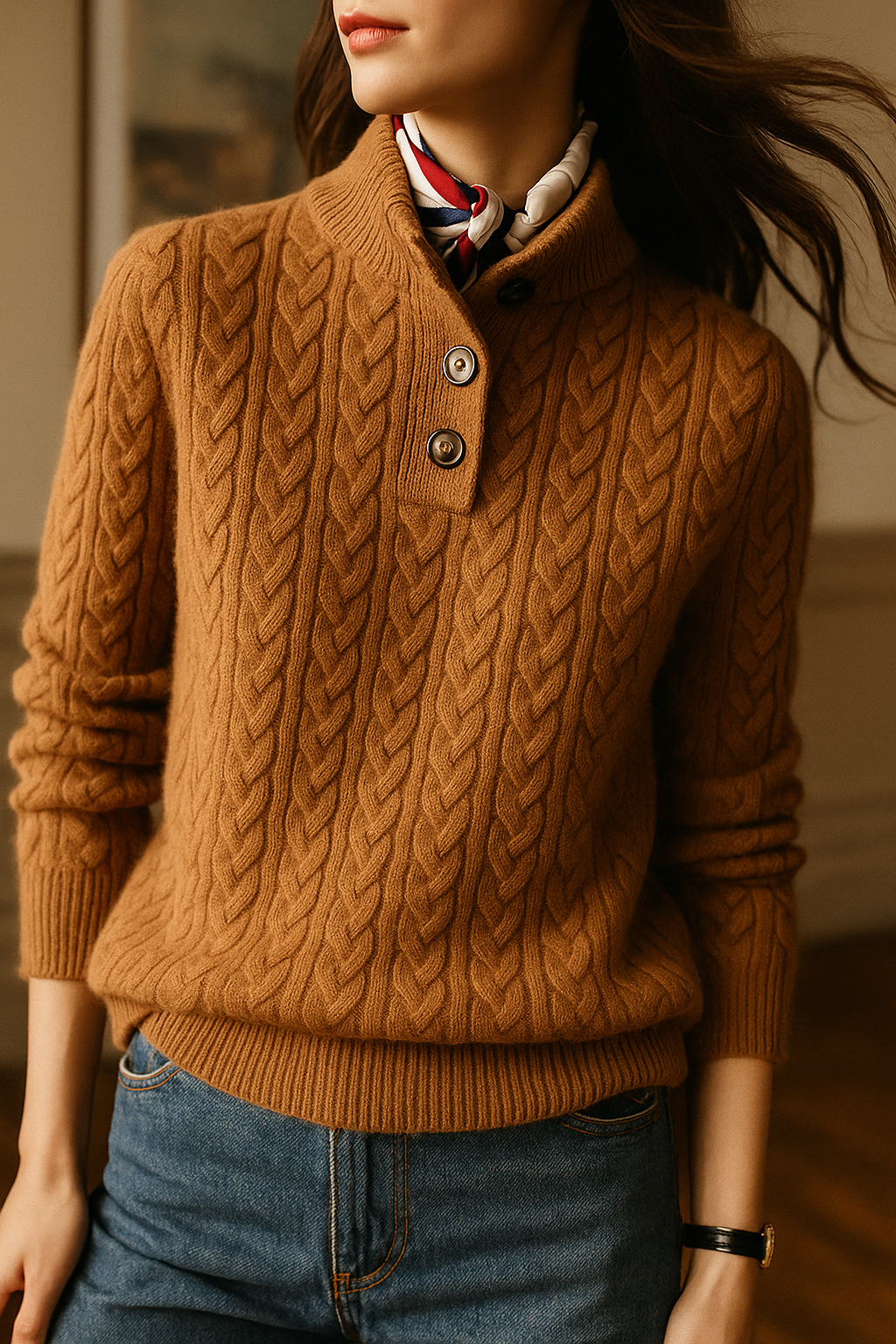 Cable-Knit Jumper with Button Stand Collar
