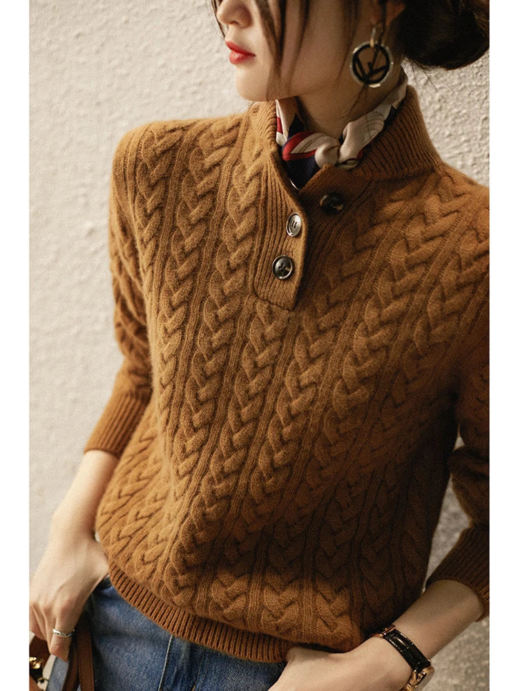 Cable-Knit Jumper with Button Stand Collar