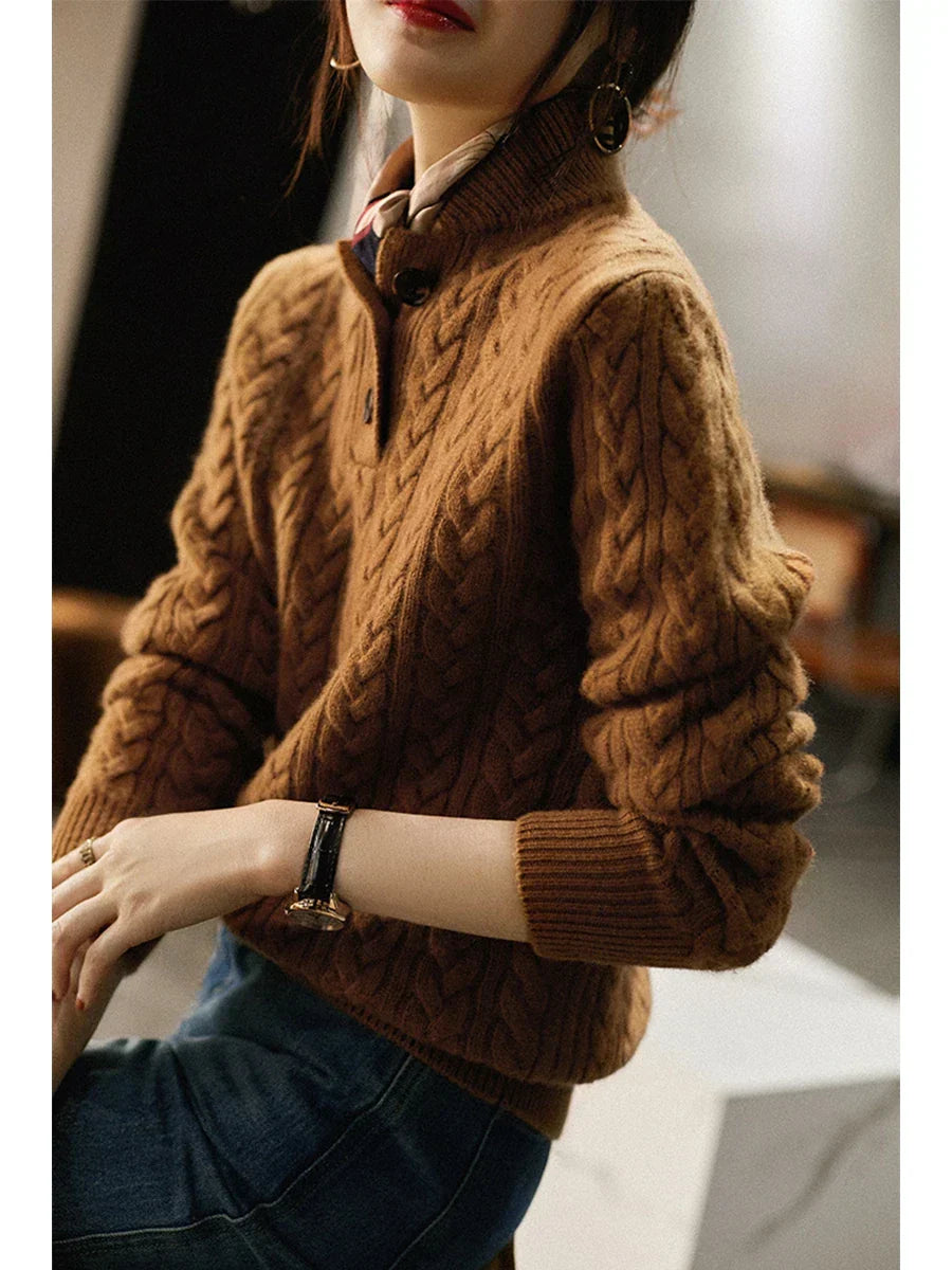 Cable-Knit Jumper with Button Stand Collar