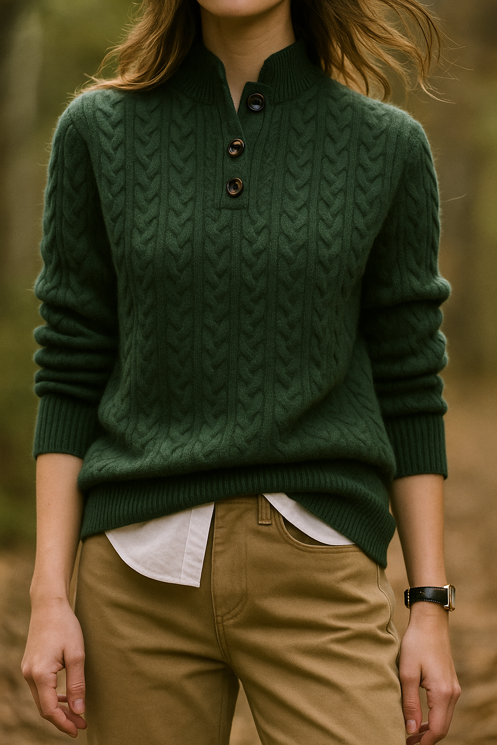 Cable-Knit Jumper with Button Stand Collar, Olive