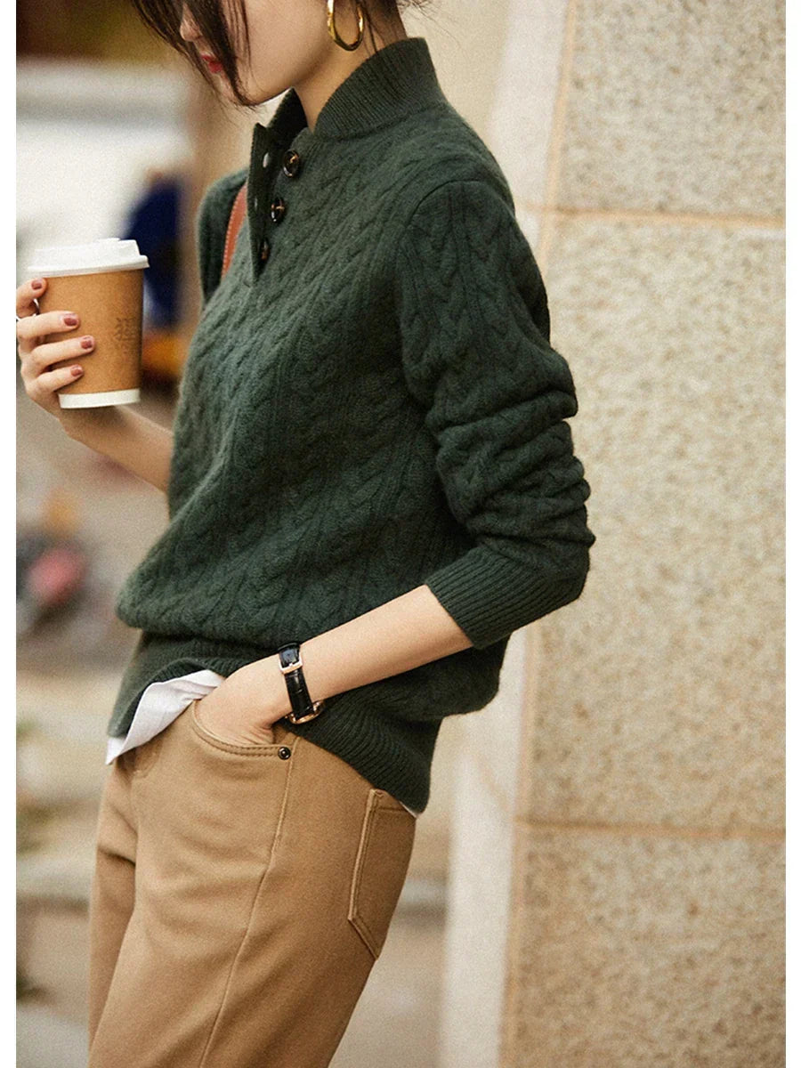 Cable-Knit Jumper with Button Stand Collar