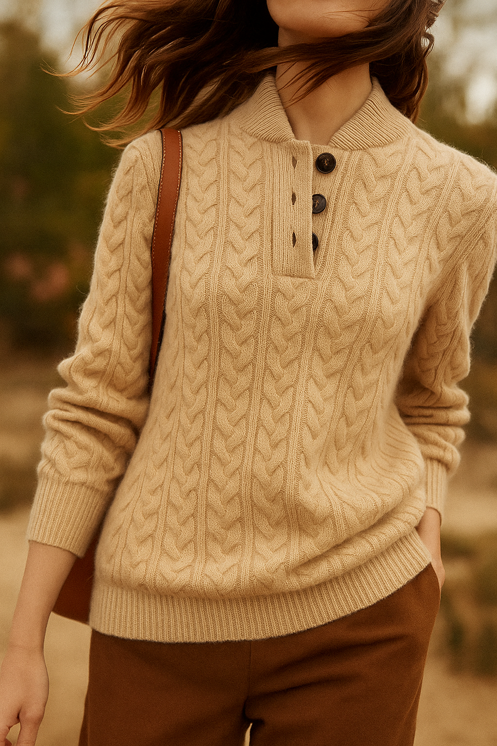 Cable-Knit Jumper with Button Stand Collar