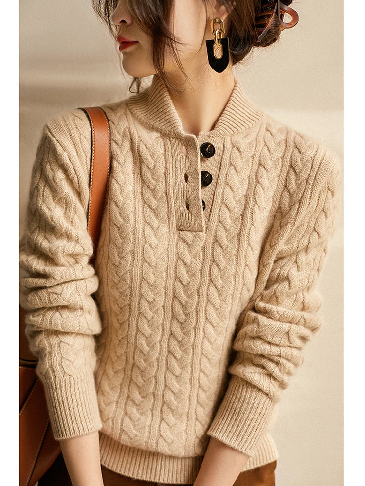 Cable-Knit Jumper with Button Stand Collar
