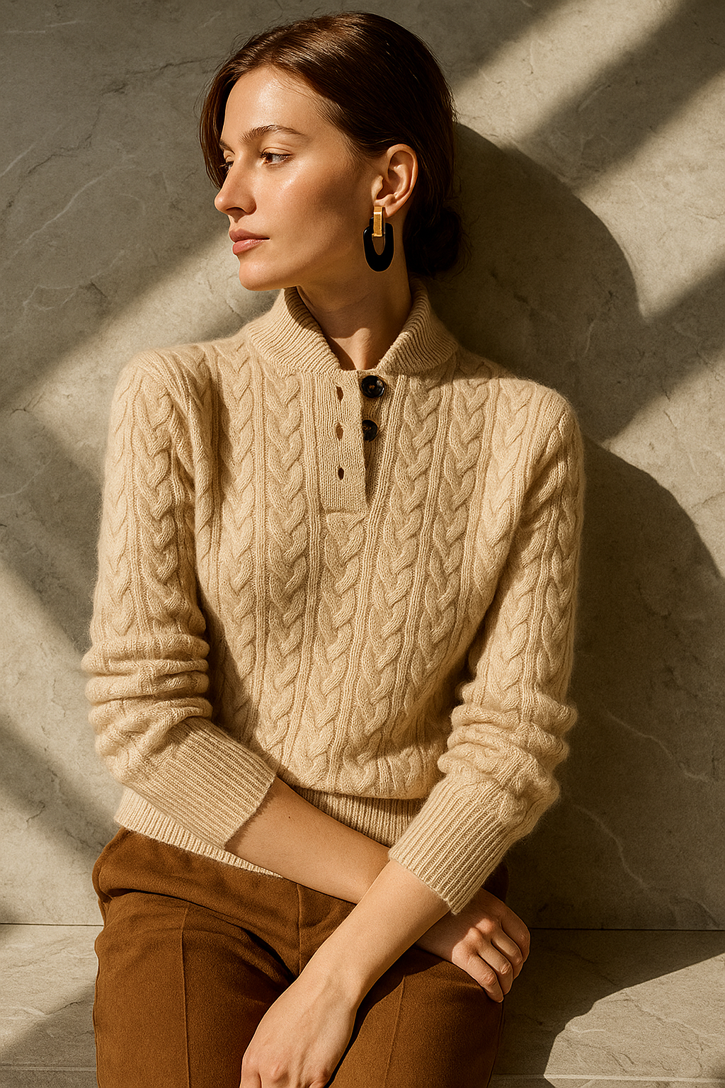Cable-Knit Jumper with Button Stand Collar