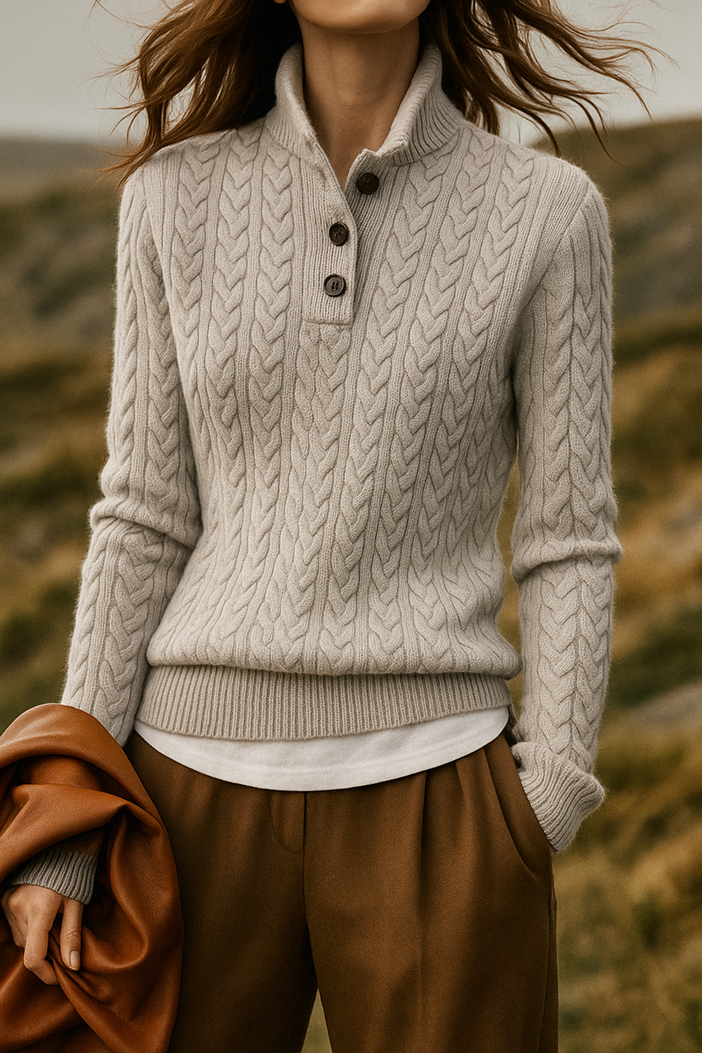 Cable-Knit Jumper with Button Stand Collar, Grey
